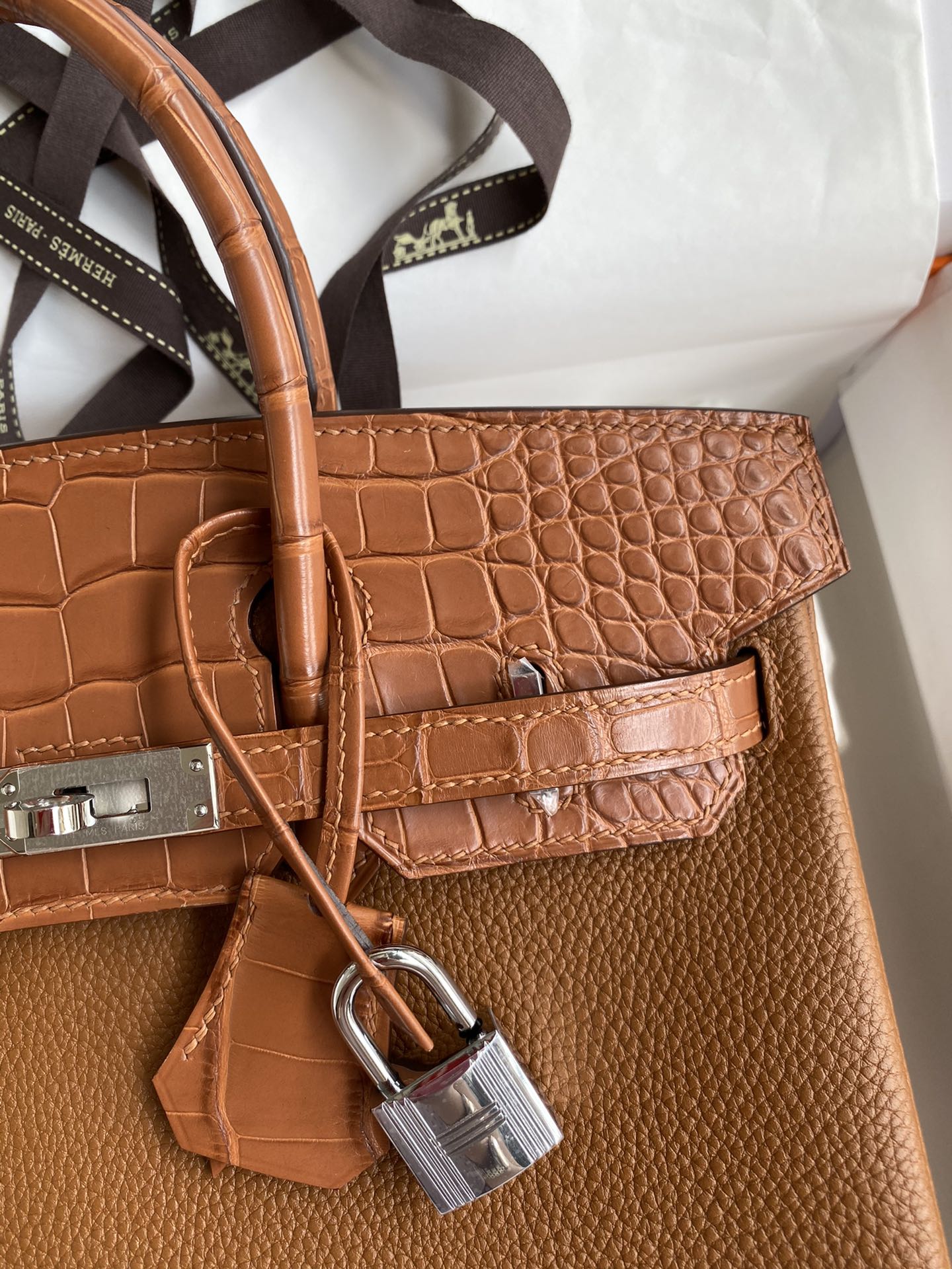 Birkin 30 Togo Leather & Crocodile Leather Bag - Silver Hardware | Full Set