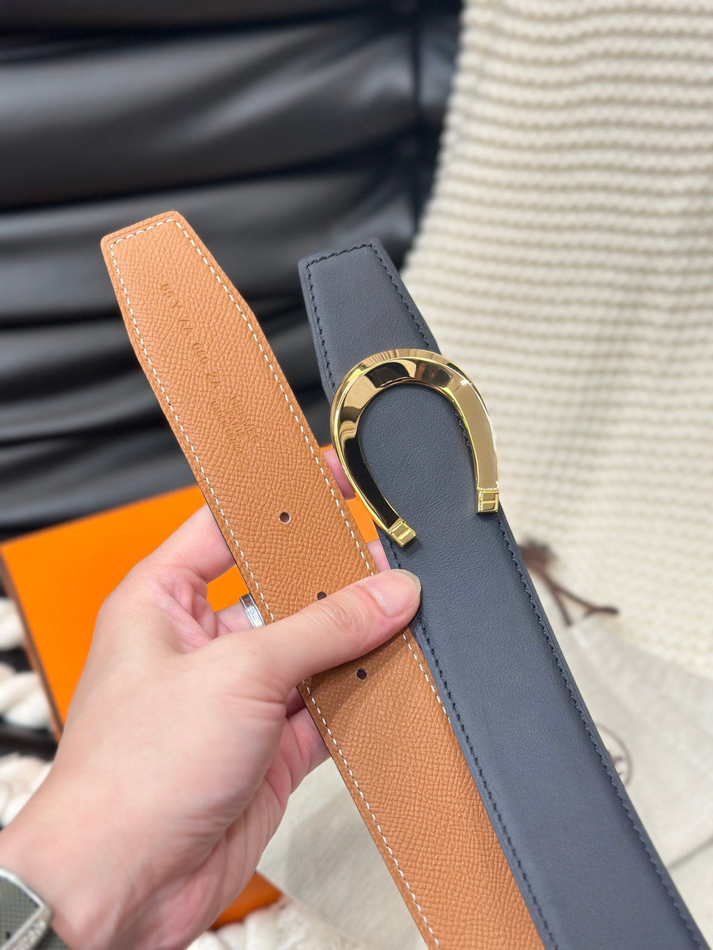 Luck Reversible Leather Belt – Gold C-Shaped Buckle